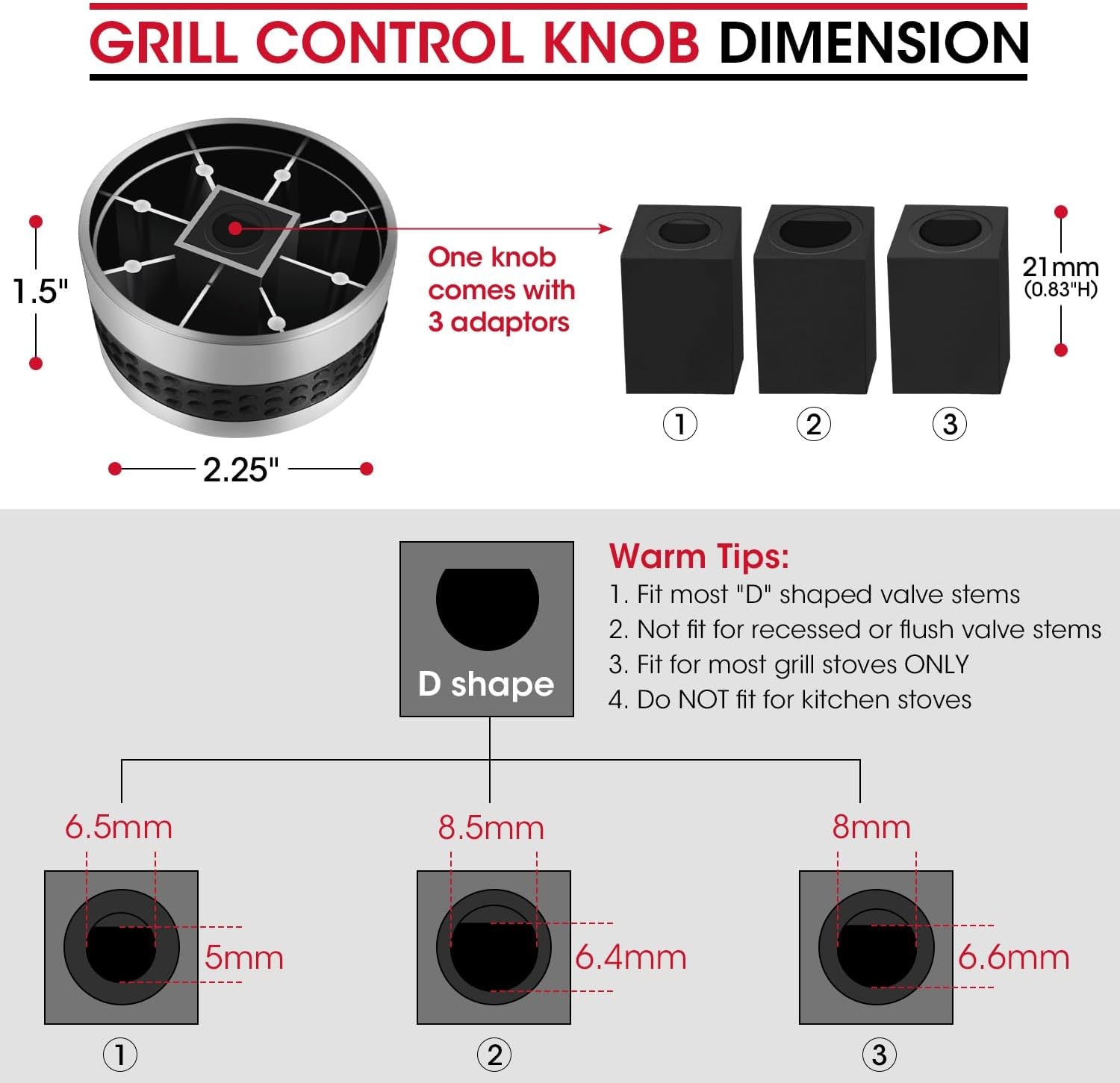 image:imageUnicook 2 Pack Grill Control Knobs Replacement Chrome Plated Plastic with Nonslip Grip Fit BBQ Gas Grills with D Shaped Valve Stem NOT Fit Recessed Flush Valve Stem Include 2 Knobs and 6 Adaptors