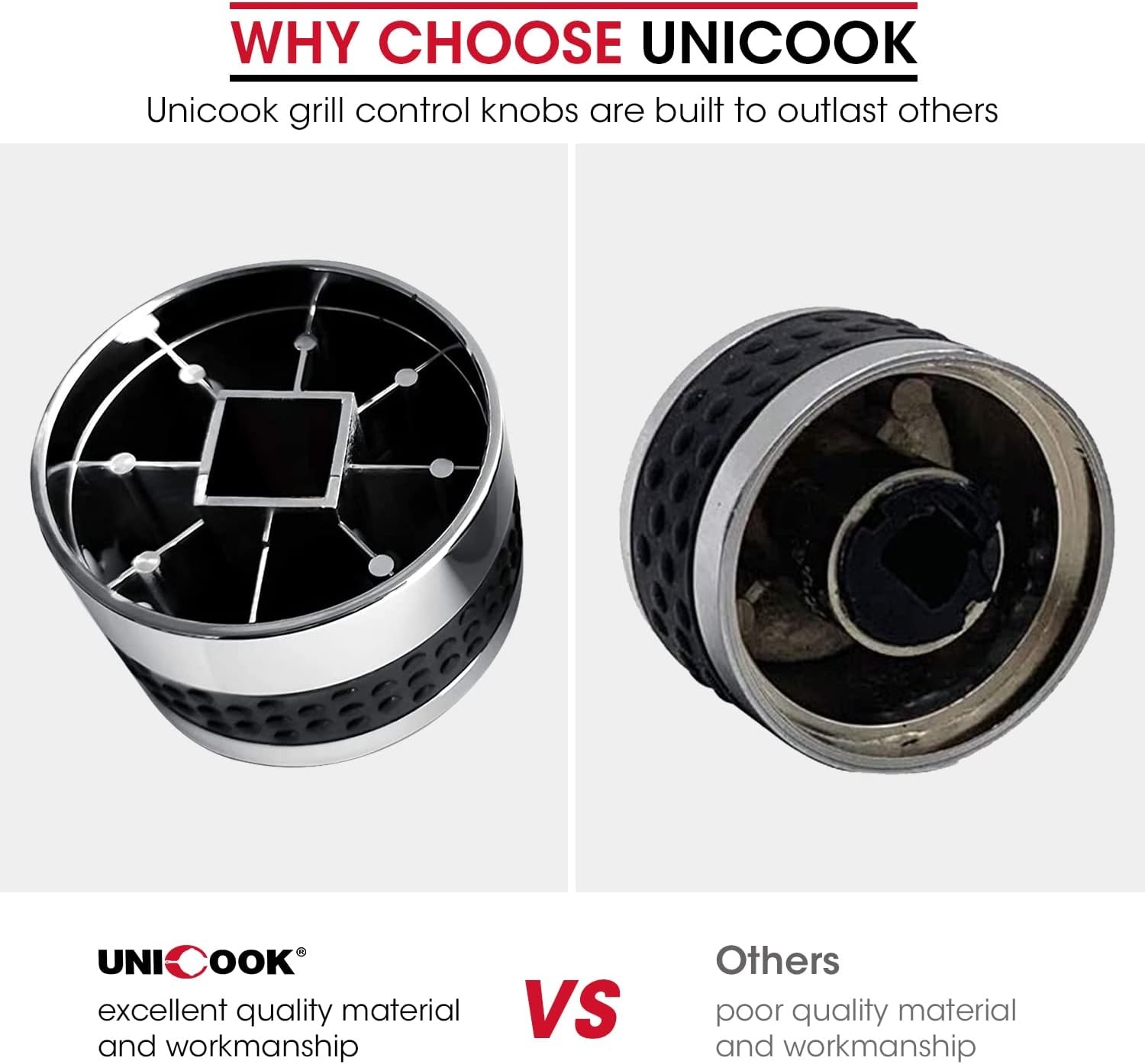 image:imageUnicook 2 Pack Grill Control Knobs Replacement Chrome Plated Plastic with Nonslip Grip Fit BBQ Gas Grills with D Shaped Valve Stem NOT Fit Recessed Flush Valve Stem Include 2 Knobs and 6 Adaptors