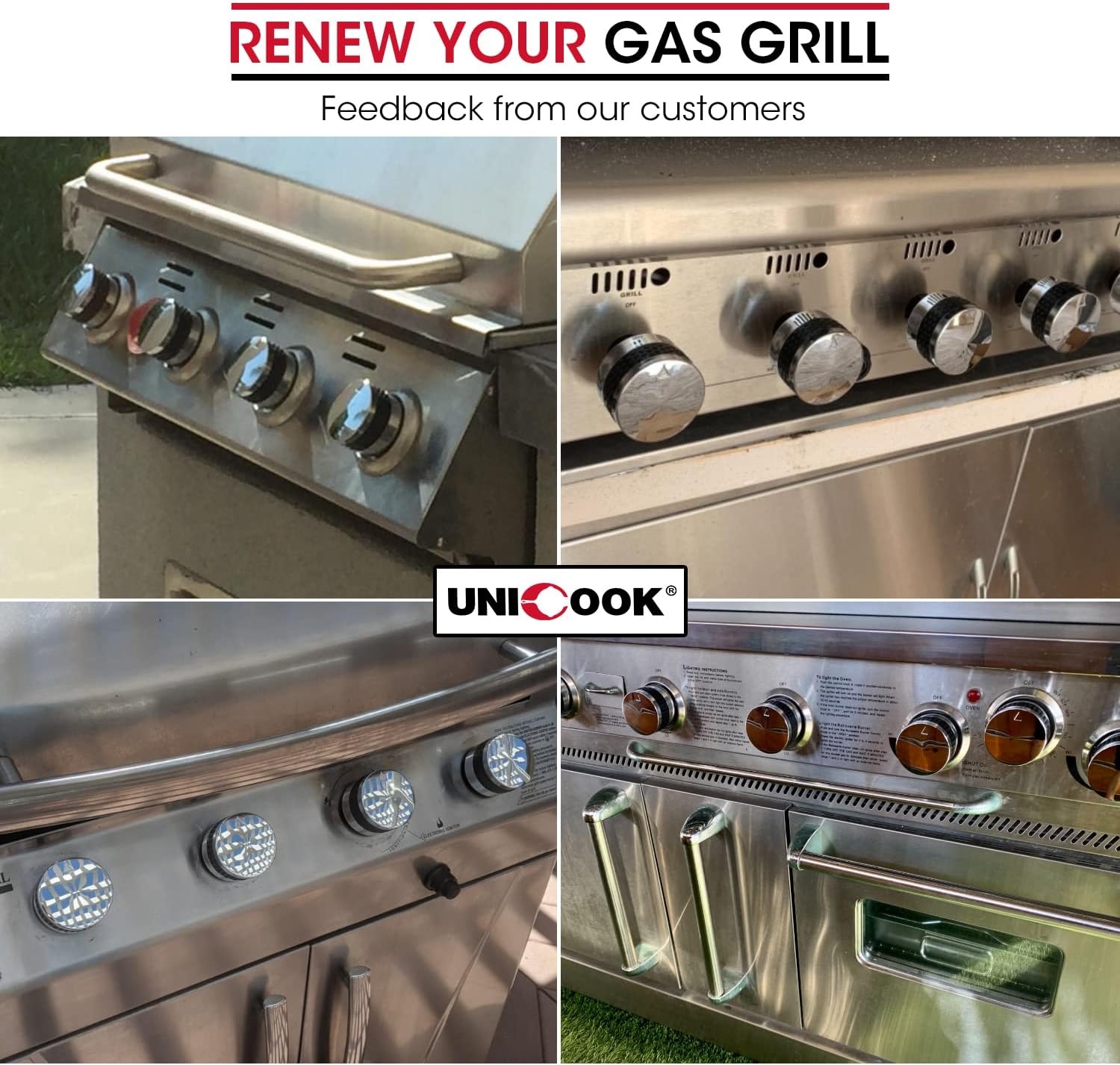 image:imageUnicook 2 Pack Grill Control Knobs Replacement Chrome Plated Plastic with Nonslip Grip Fit BBQ Gas Grills with D Shaped Valve Stem NOT Fit Recessed Flush Valve Stem Include 2 Knobs and 6 Adaptors